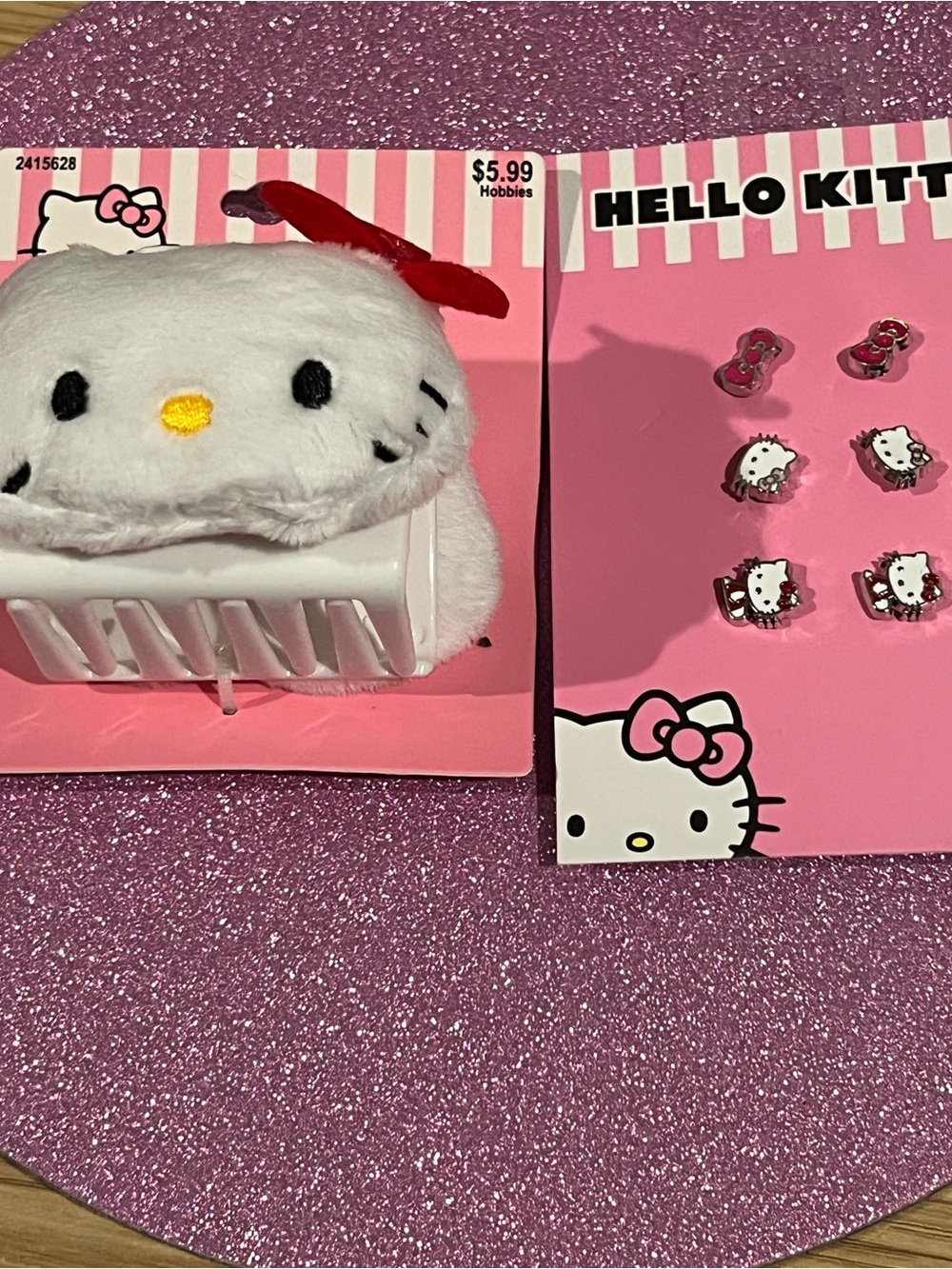 Hello Kitty White Plush Hair Clamp with Pink Bow & Matching Pink Stud Earrings